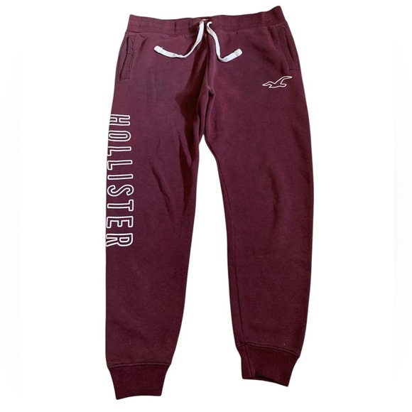 Hollister Men's Burgundy Fleece Logo Joggers Sweatpants L Drawstring - Picture 1 of 5